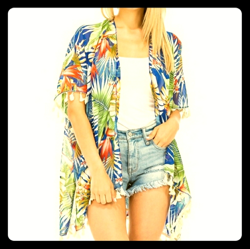 Floral Print Tasseled Kimono Cardigan Coverup